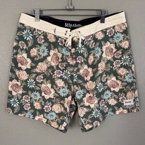 Rhythm. Men's Floral Board Shorts - Green and Cream